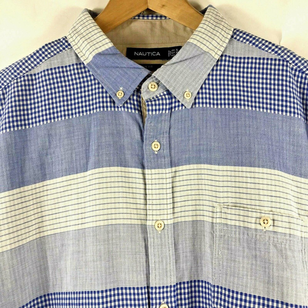 Nautica Mens XL Metropolis Slim Fit Button Down Patchwork-look Shirt French Blue - Picture 3 of 6